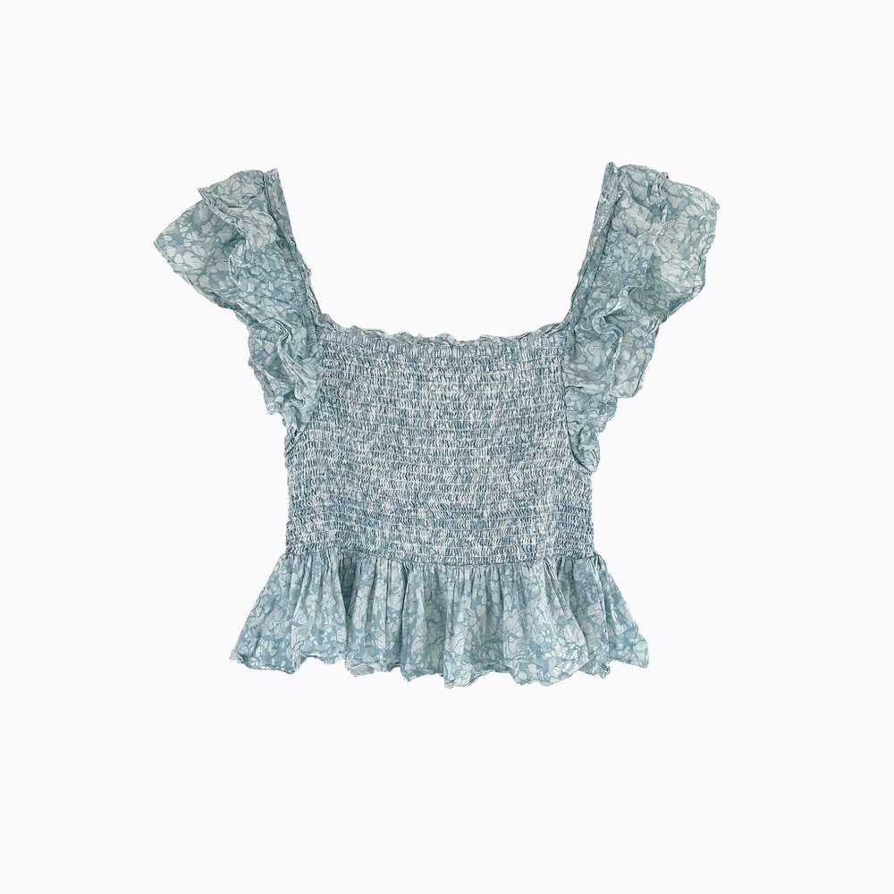 Anthropologie Smocked Crop Top S Peplum Ruffle Blue Floral Milkmaid Cottagecore